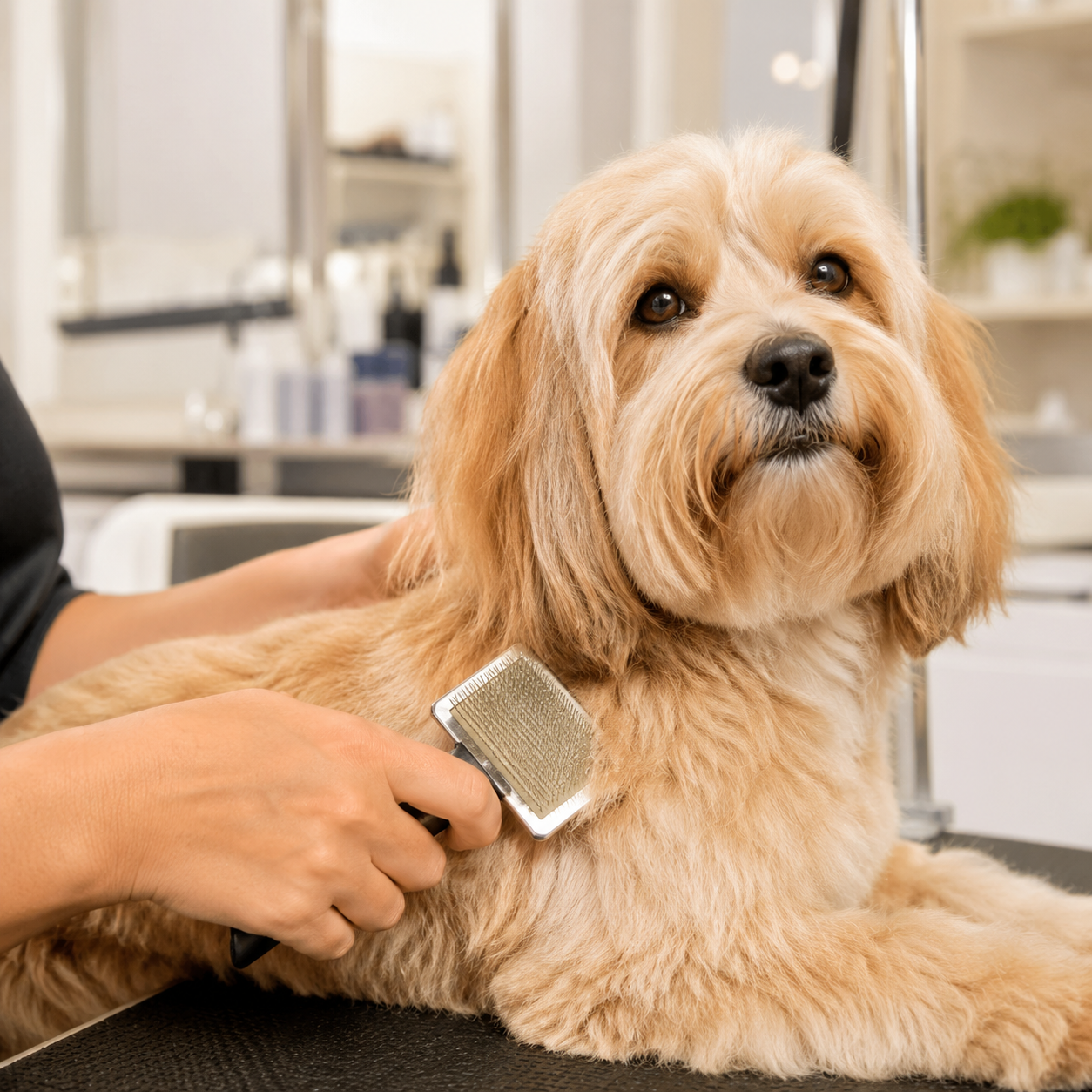 Sanfte Fellpflege mit Bürste im Hundesalon