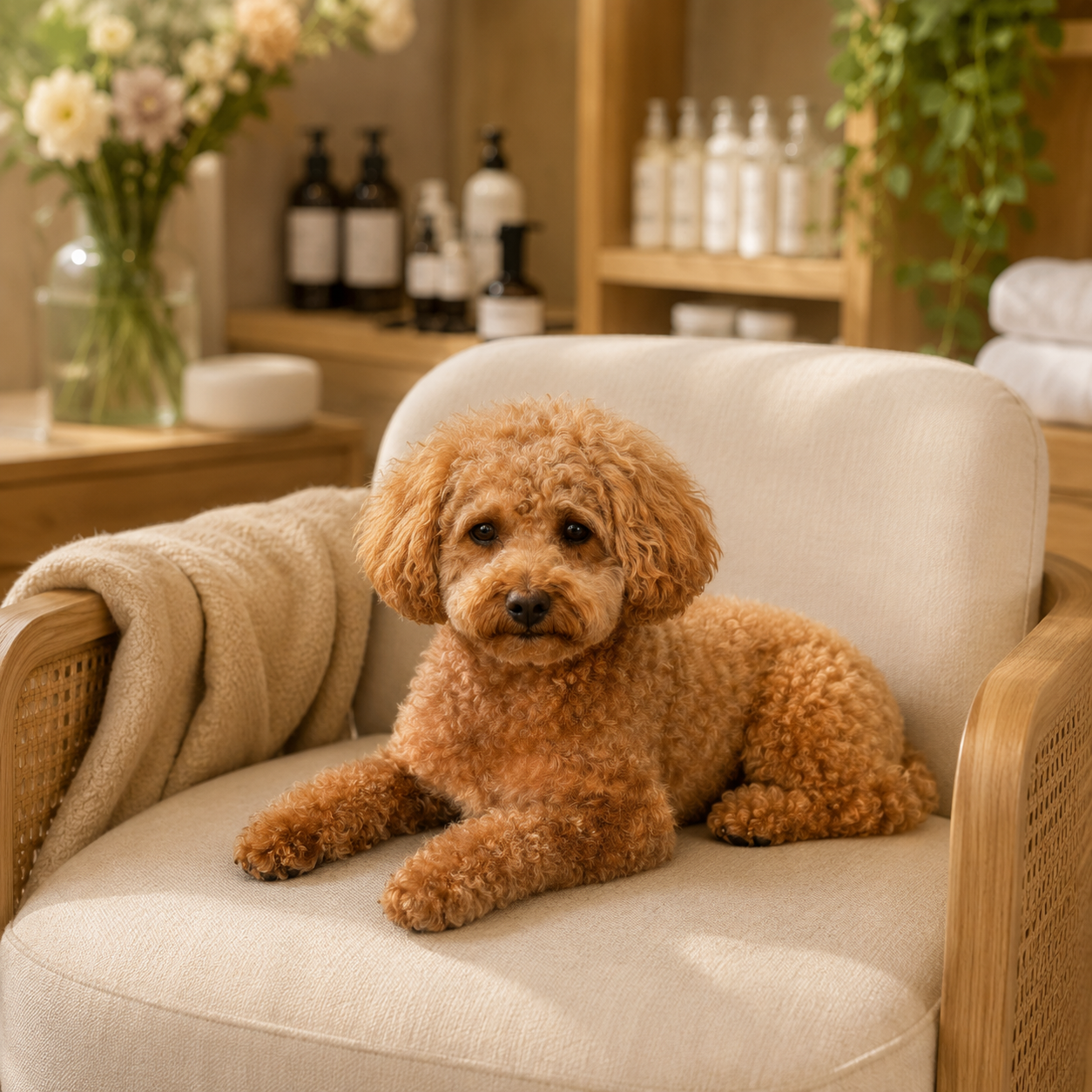 Apricotfarbener kleiner Hund im gemütlichen Salonbereich